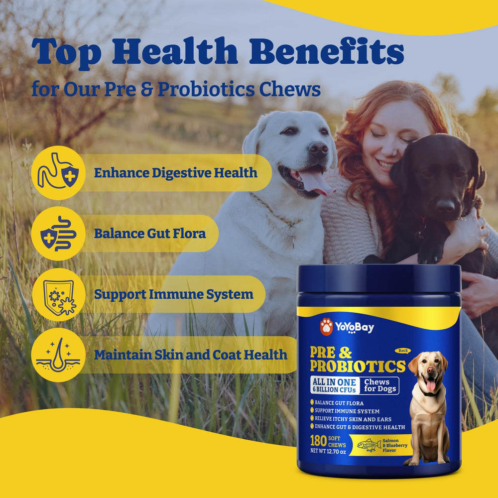 YoYoBay dog probiotics ingredients panel showing 8 probiotics and 5 enzymes.