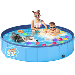 YSJILIDE portable dog pool folded in blue carry bag for storage.