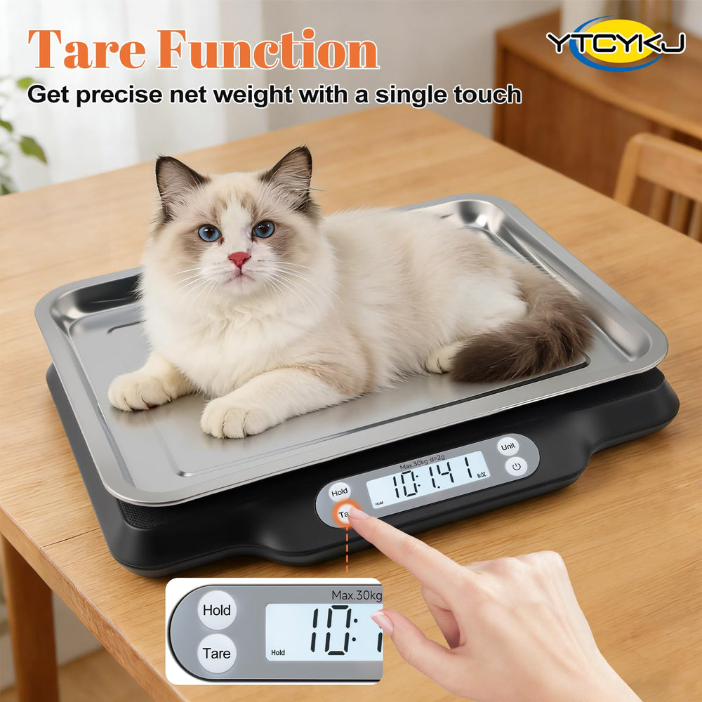 Tare function on YTCYKJ scale zeros containers for net weight measurements.