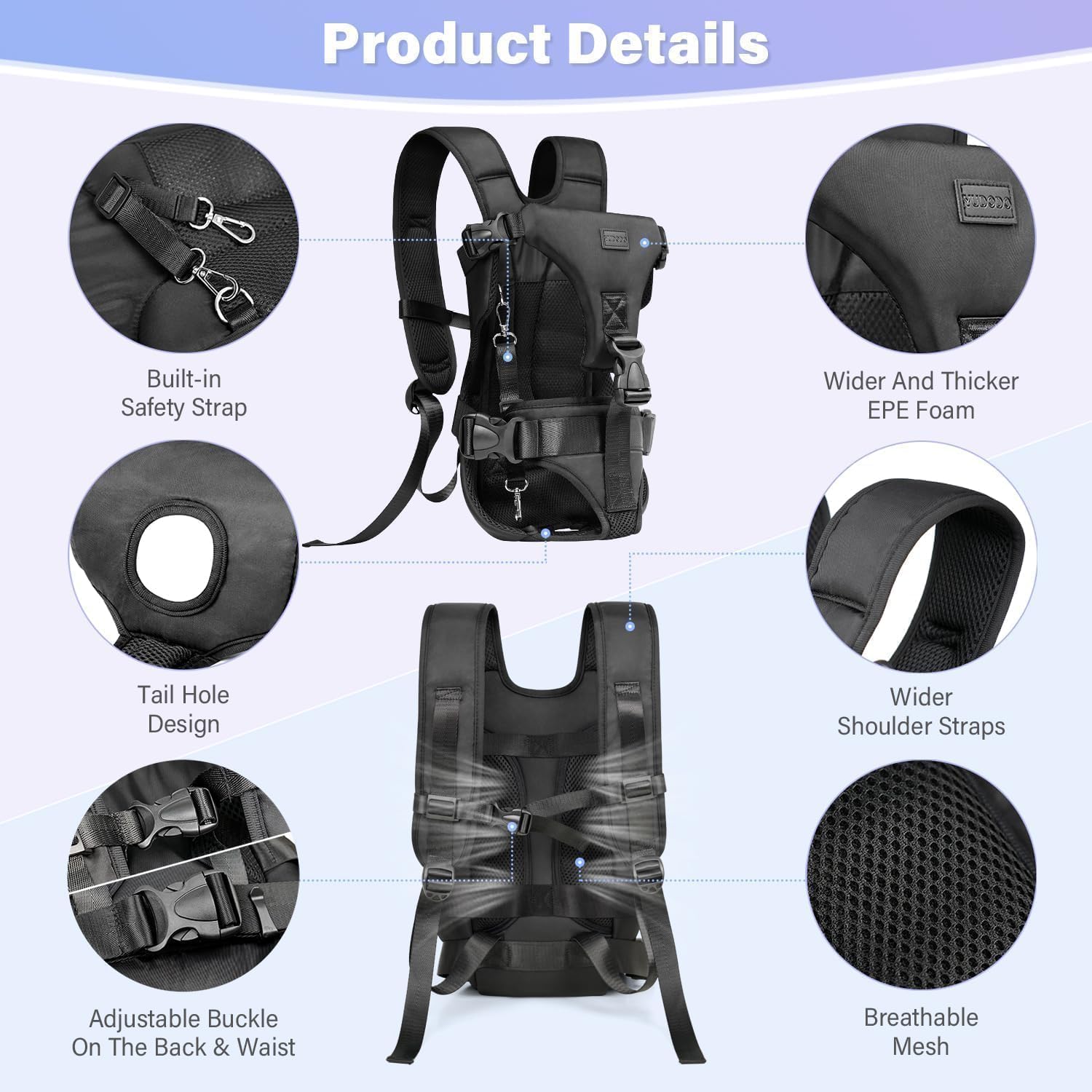 Adjustable leg and tail holes in YUDODO carrier provide a snug fit for small pets