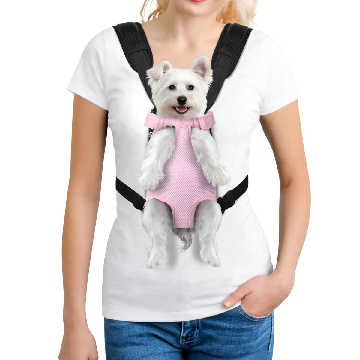 YUDODO pink front carrier side view enables hands-free outings with a small dog.
