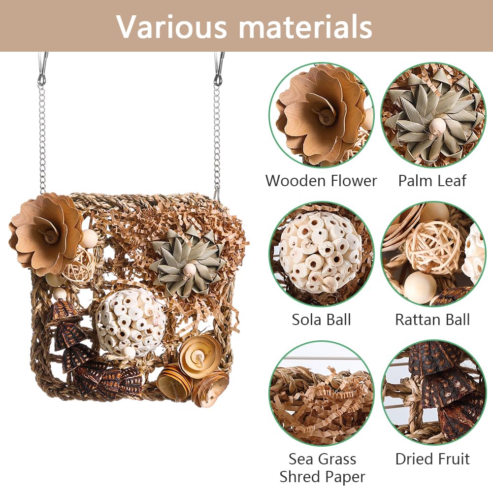 YUEMOOLIX bird toy with metal hook demonstrates easy cage hanging setup.