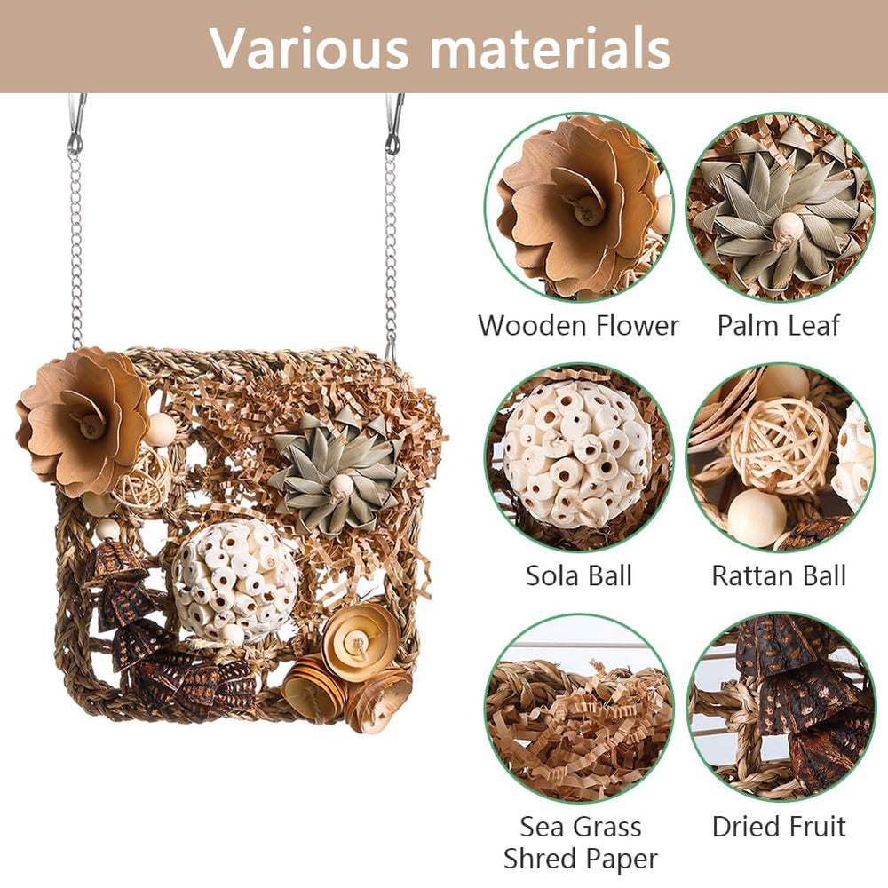 YUEMOOLIX bird toy with metal hook demonstrates easy cage hanging setup.