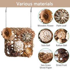 YUEMOOLIX bird toy with metal hook demonstrates easy cage hanging setup.
