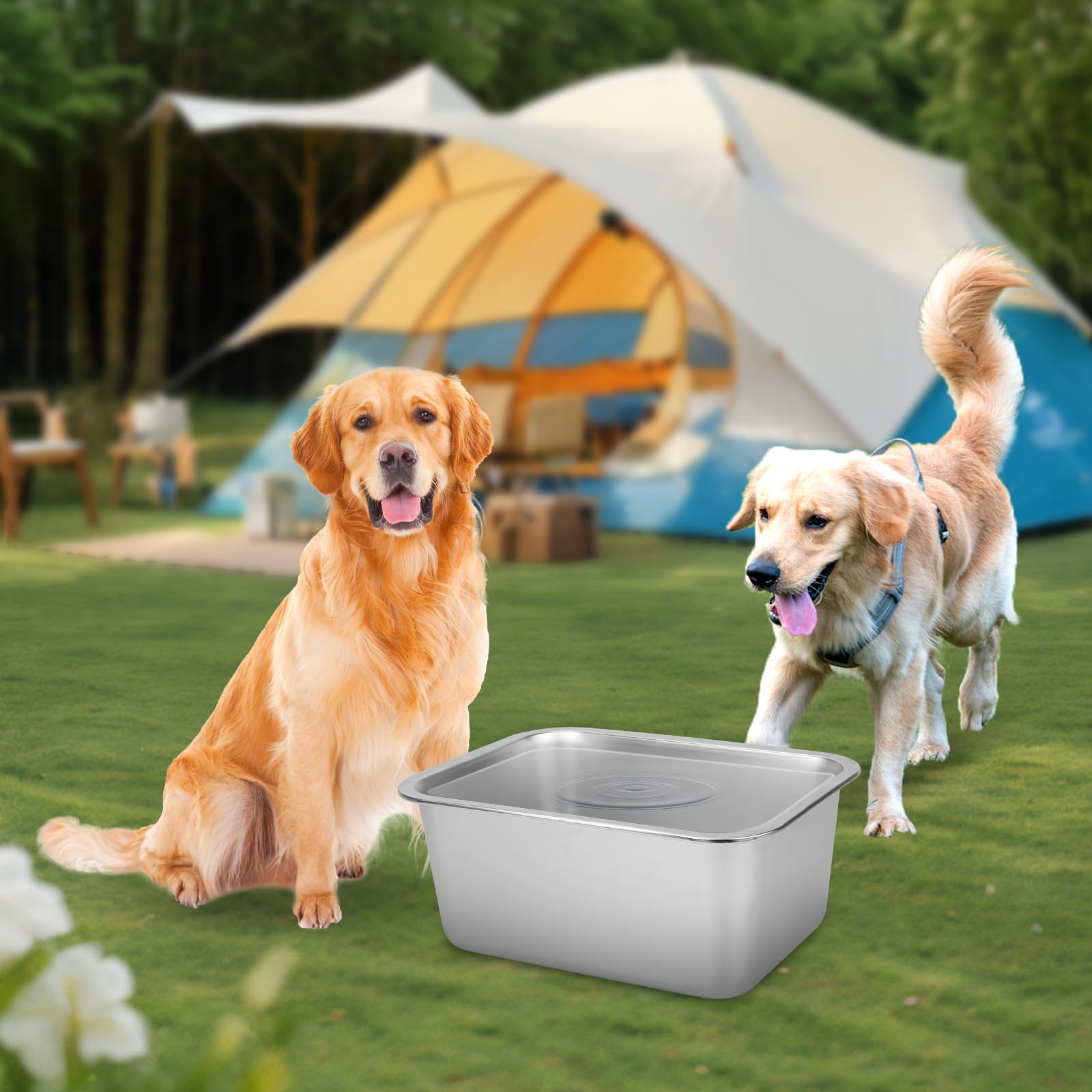 YUEPET 3 Gallons stainless steel bowl shown with multiple dogs.