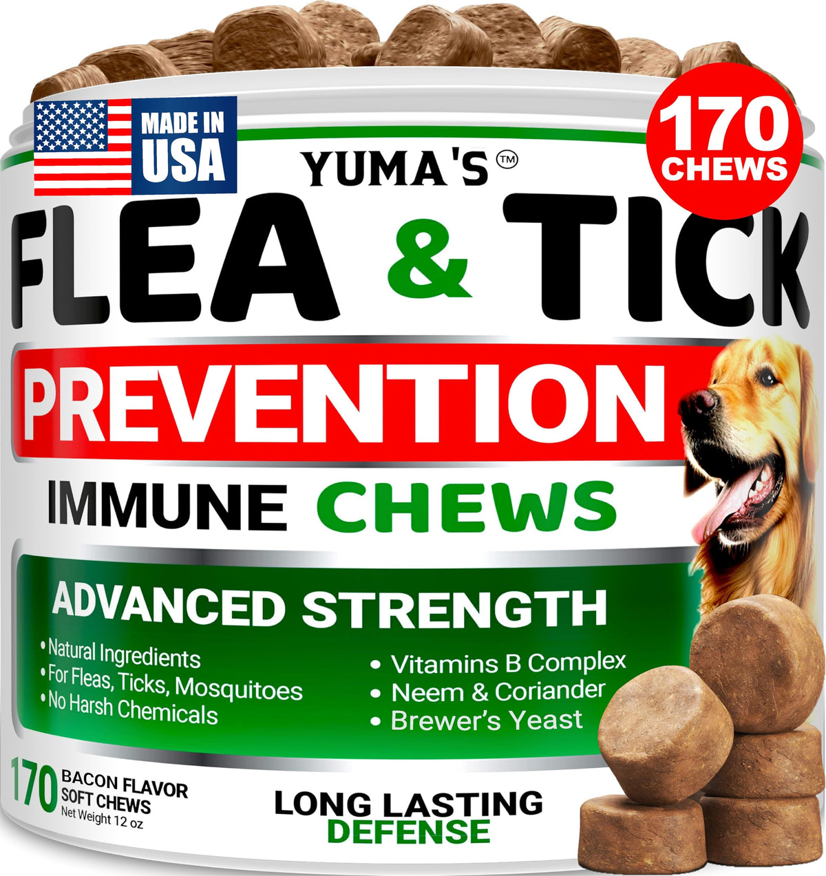 YUMA'S bacon-flavor flea and tick chews for dogs, easy daily dosing