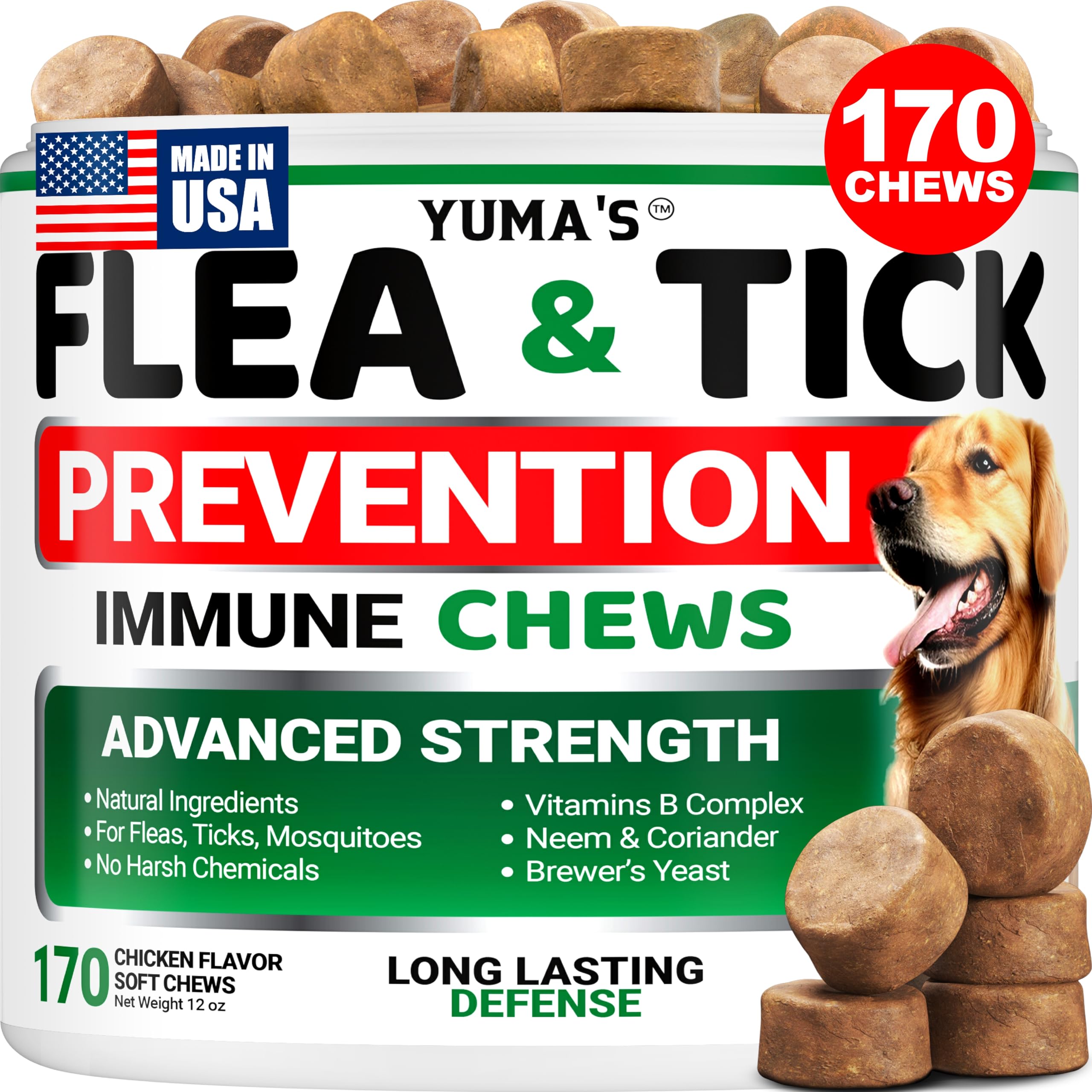 YUMA'S flea and tick chews for dogs in chicken flavor for daily pest protection.