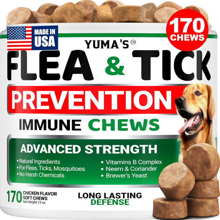 YUMA'S flea and tick chews for dogs in chicken flavor for daily pest protection.