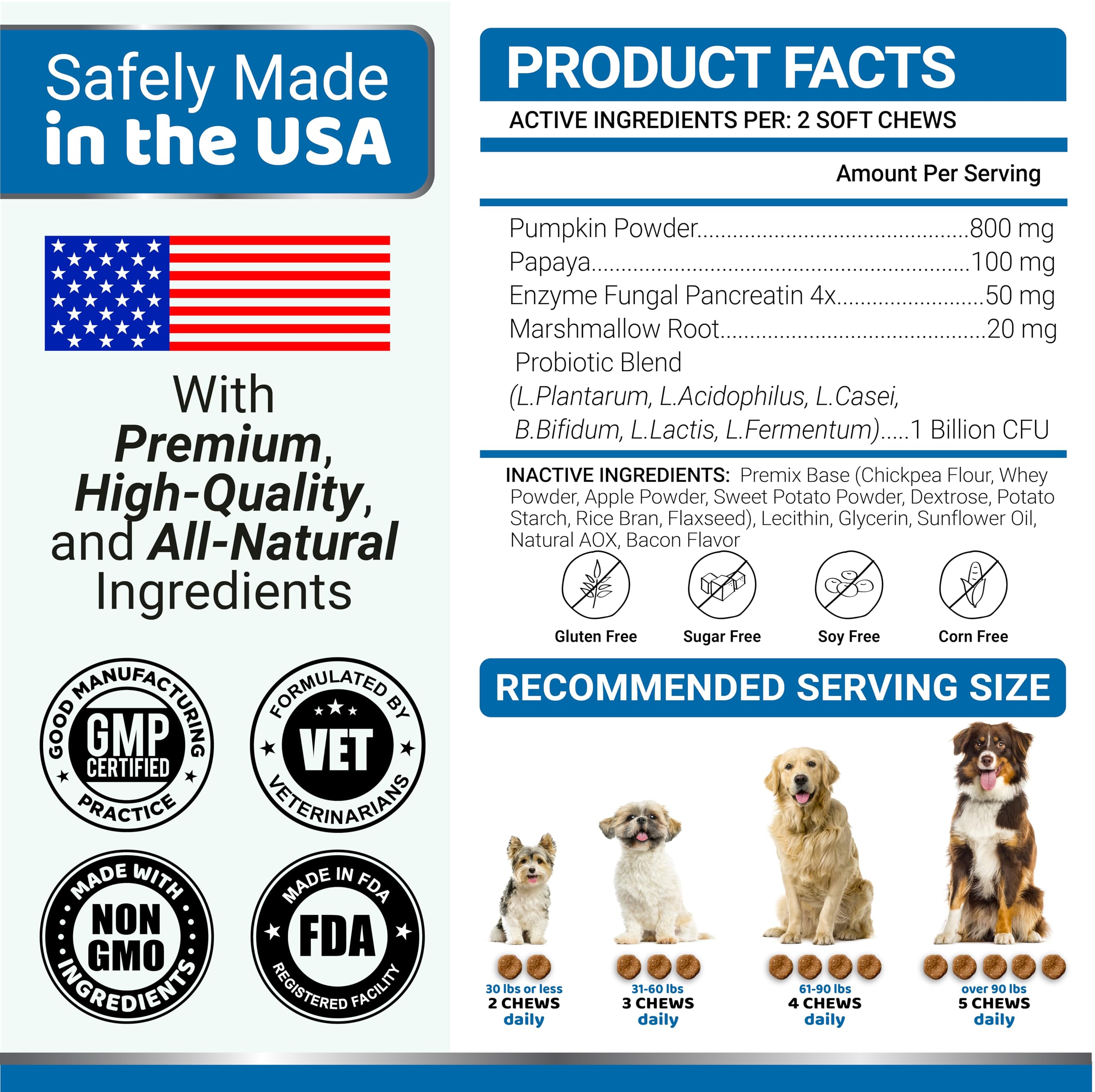 YUMA'S Probiotics for Dogs packaging emphasizes USA-made quality