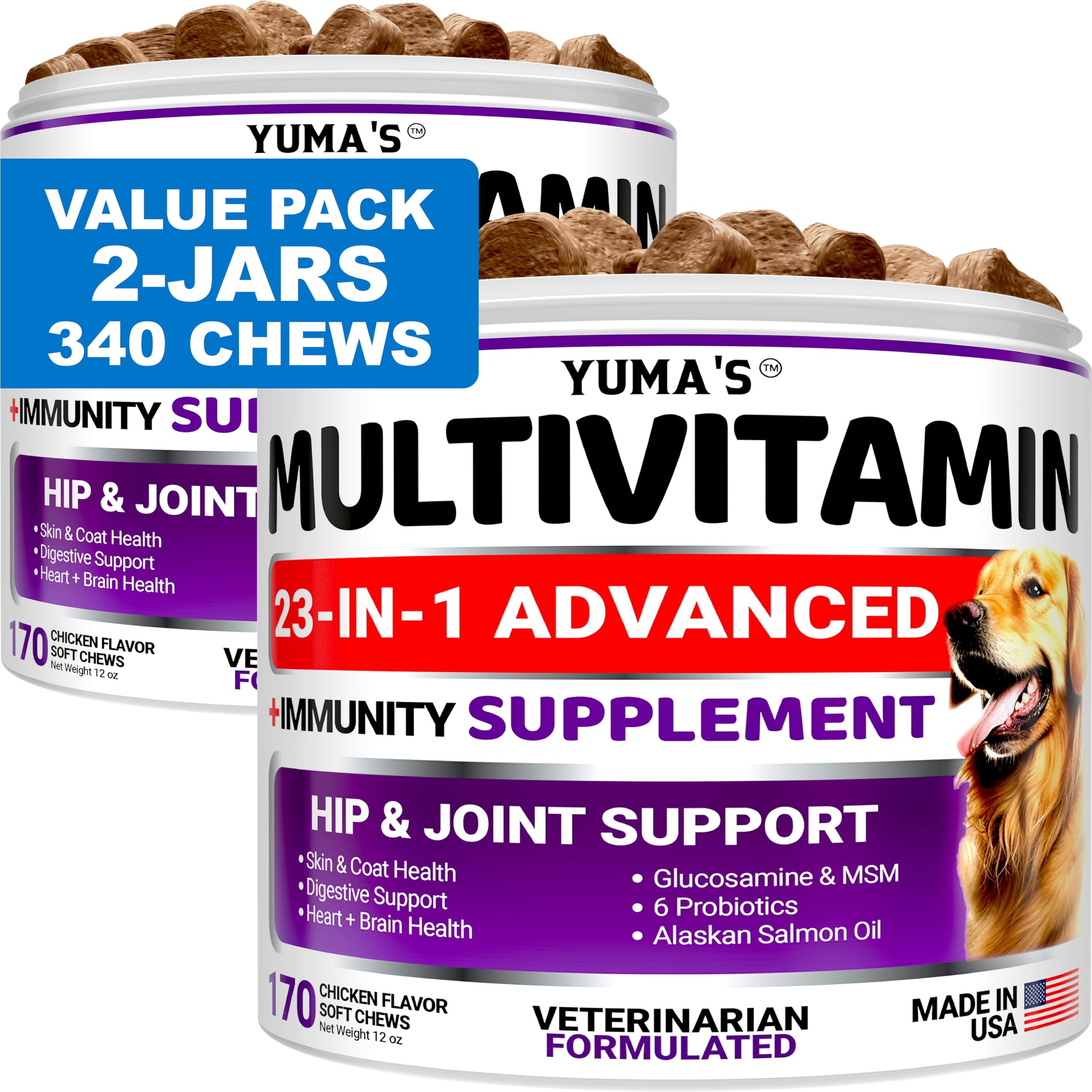 YUMA'S 2-pack dog multivitamin bottle shows complete daily health support.