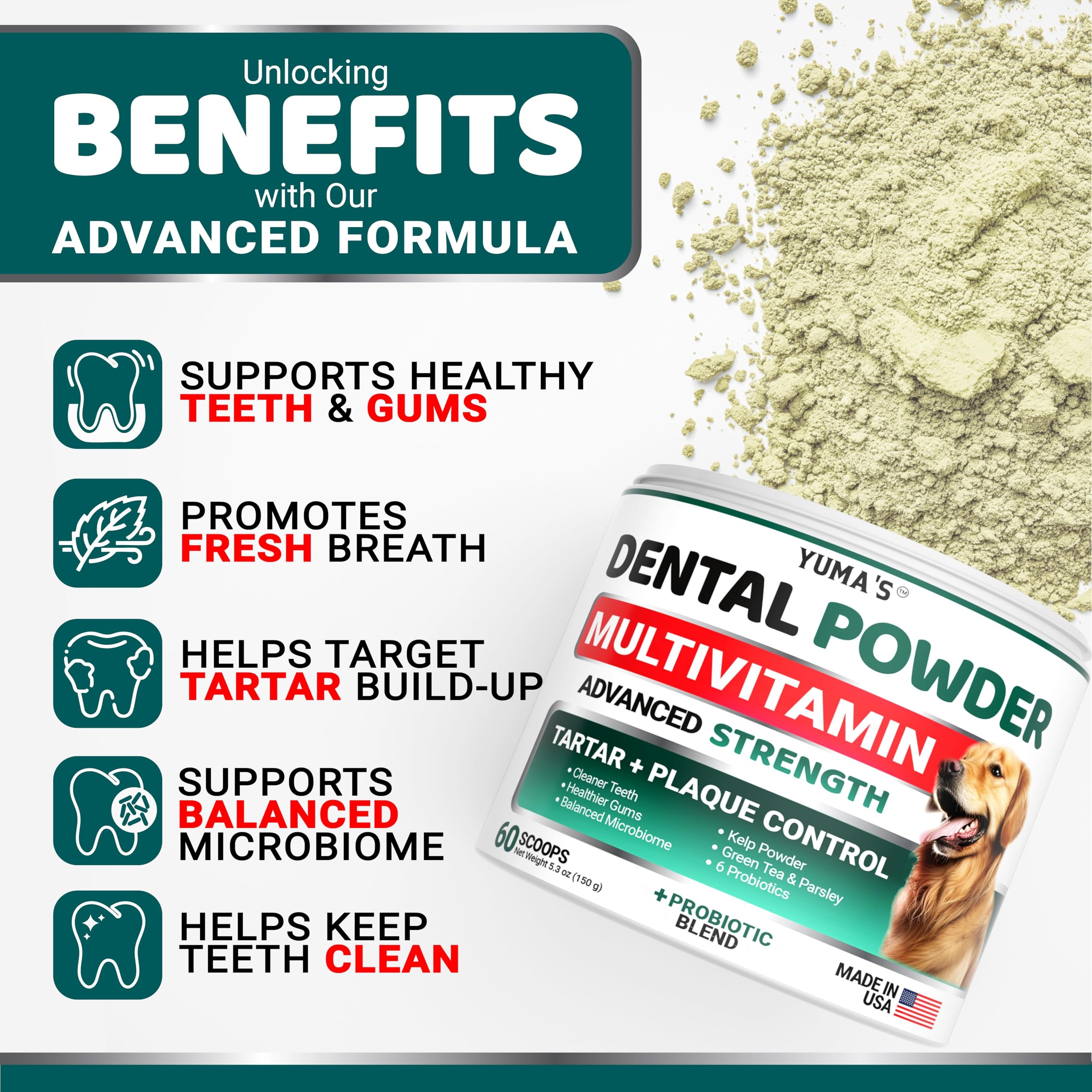 YUMA'S dog dental powder scooped from the container for convenient administration