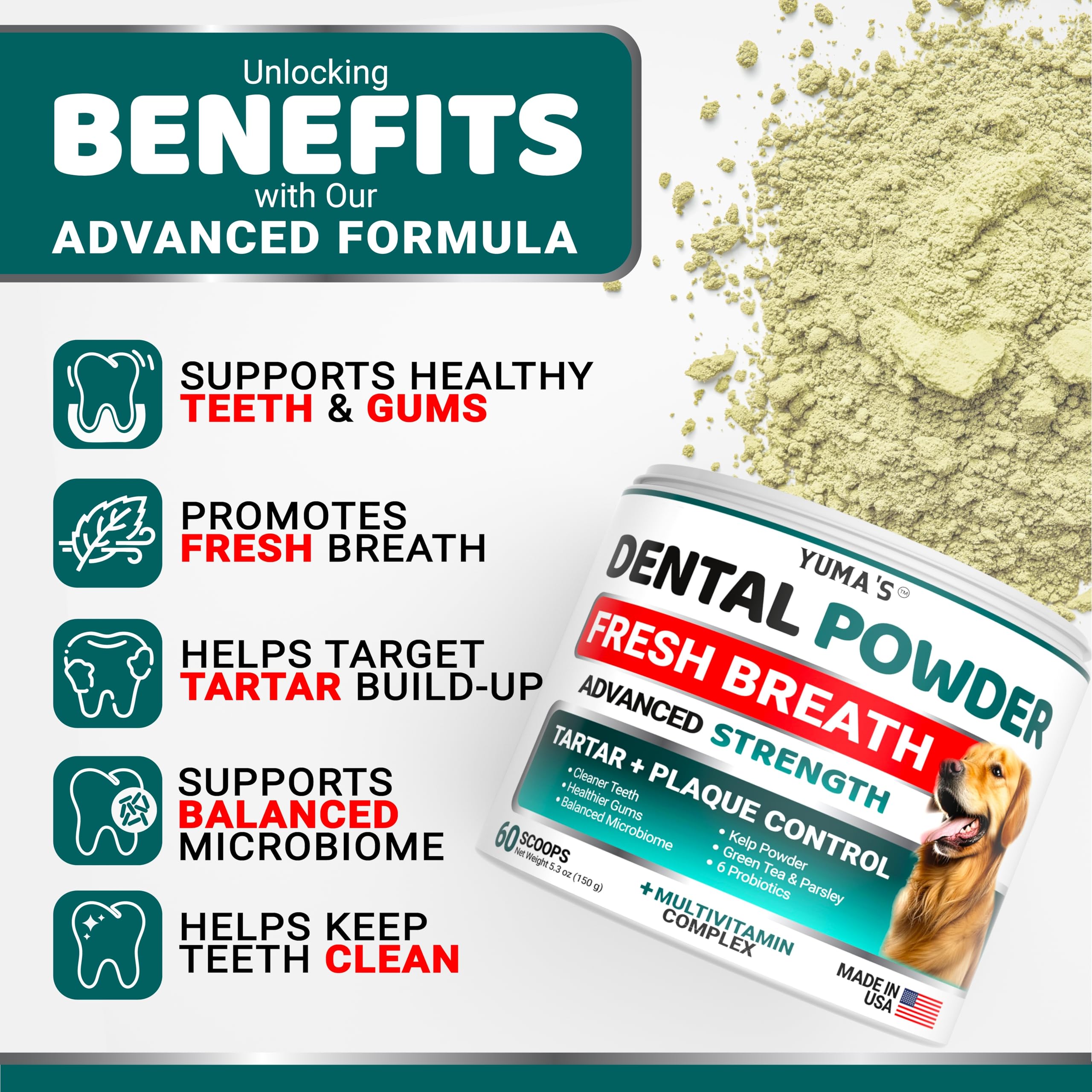 Spoon dispensing YUMA'S dental powder demonstrates mess-free daily application