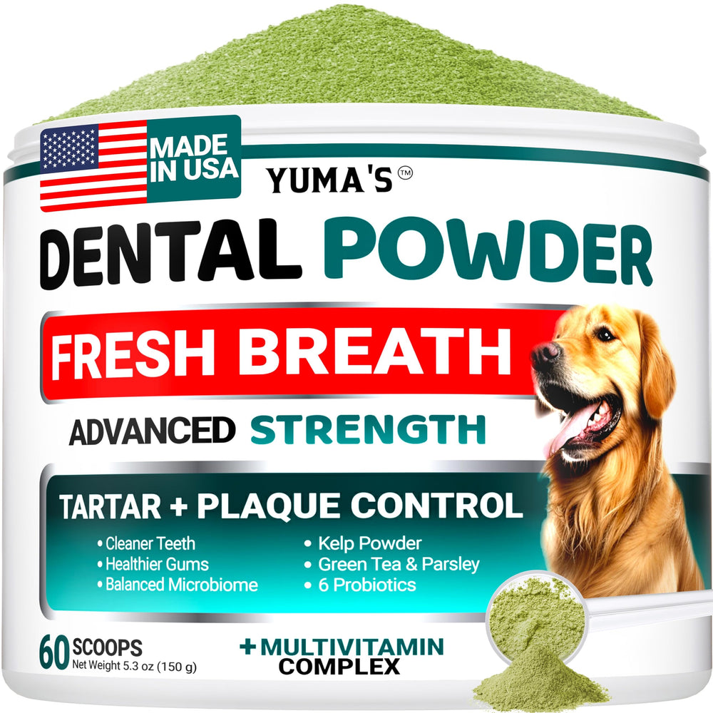 YUMA'S Advanced Dog Dental Powder tub closeup enhances breath freshness and easy daily use