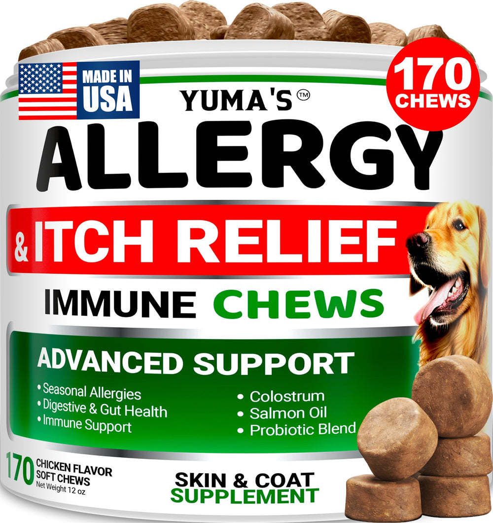 YUMA'S Dog Allergy Relief Chews packaging shown for convenient daily use and dosing.