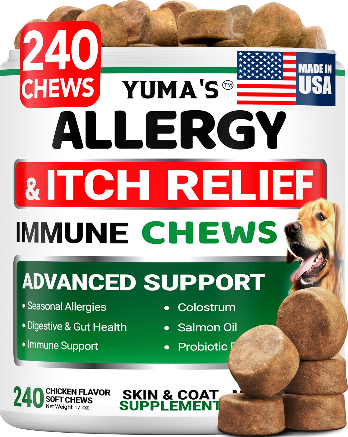 YUMA'S Dog Allergy Relief Chews bottle highlighting immune support for itchy skin.