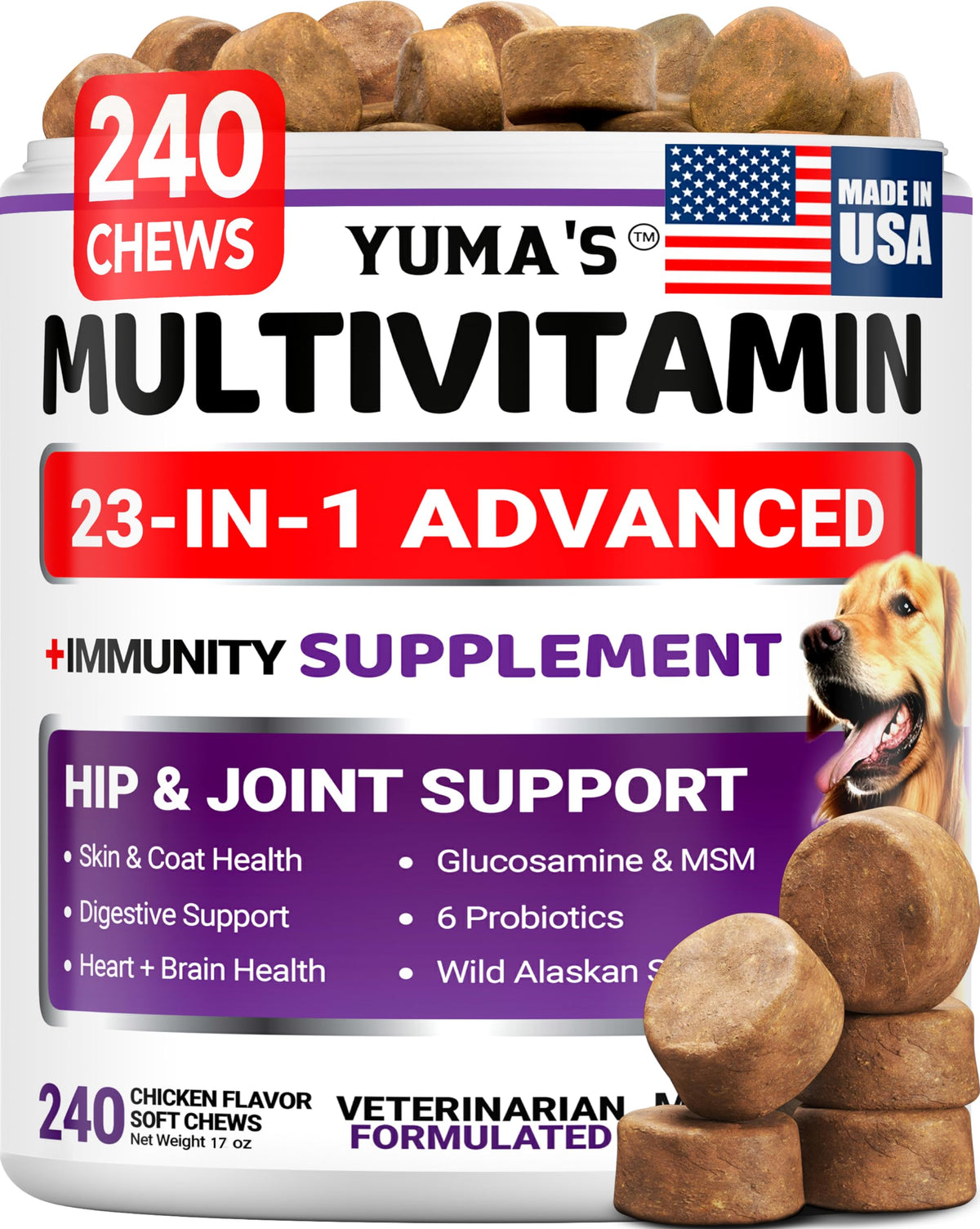 YUMA'S dog multivitamin chewable bottle label showing glucosamine for joint support