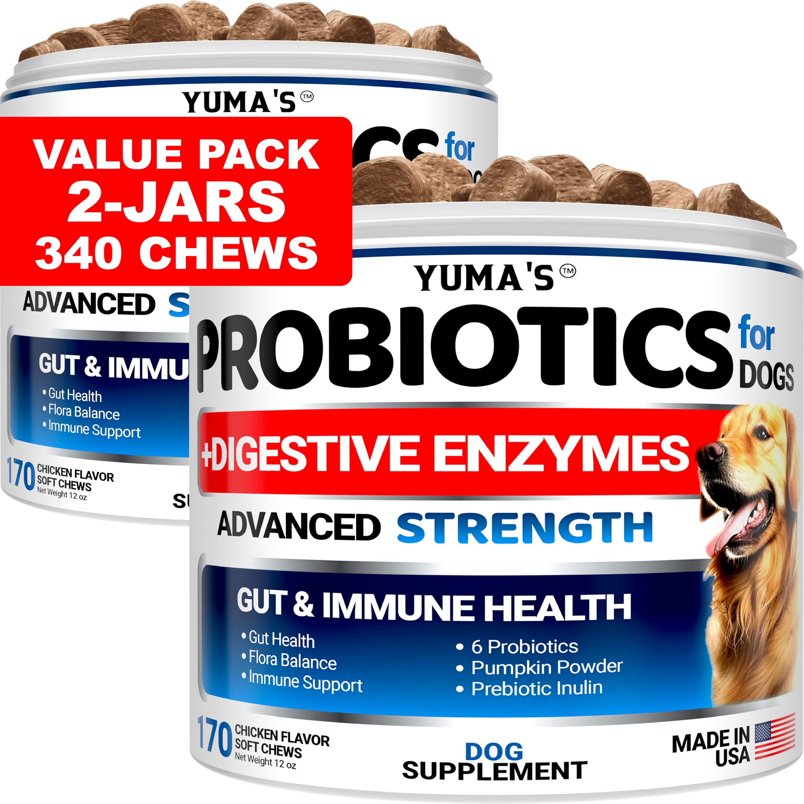YUMA'S dog probiotics chews pack for convenient daily digestive support.