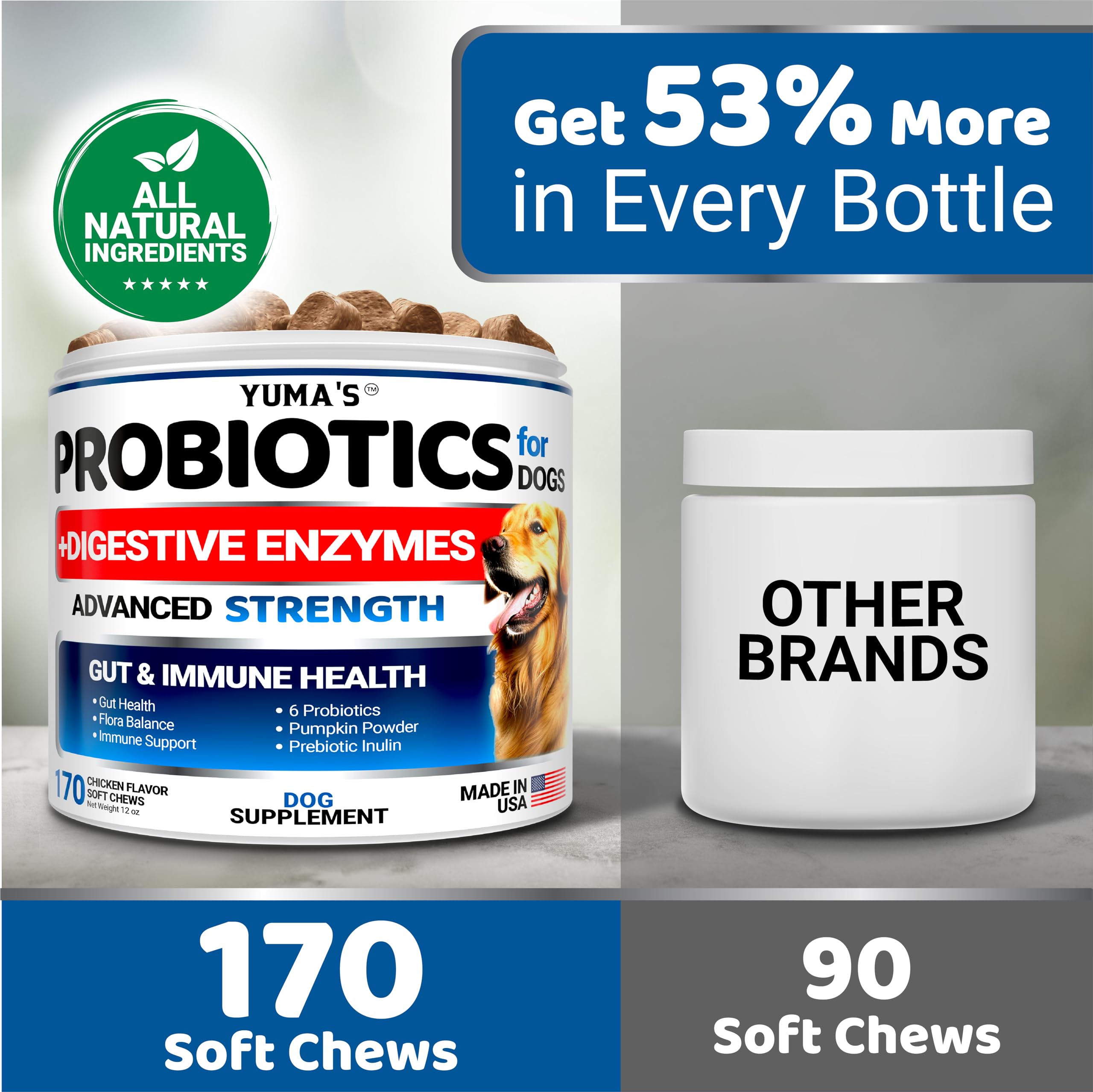 YUMA'S dog probiotics chews tub shown for easy home use and ongoing support.