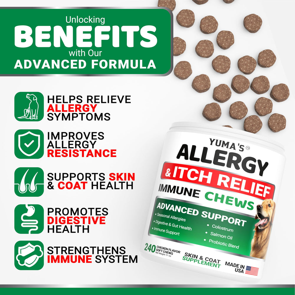 YUMA'S dog allergy chews package on counter promoting skin and coat comfort.