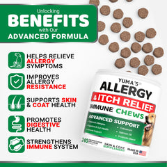 YUMA'S dog allergy chews package on counter promoting skin and coat comfort.