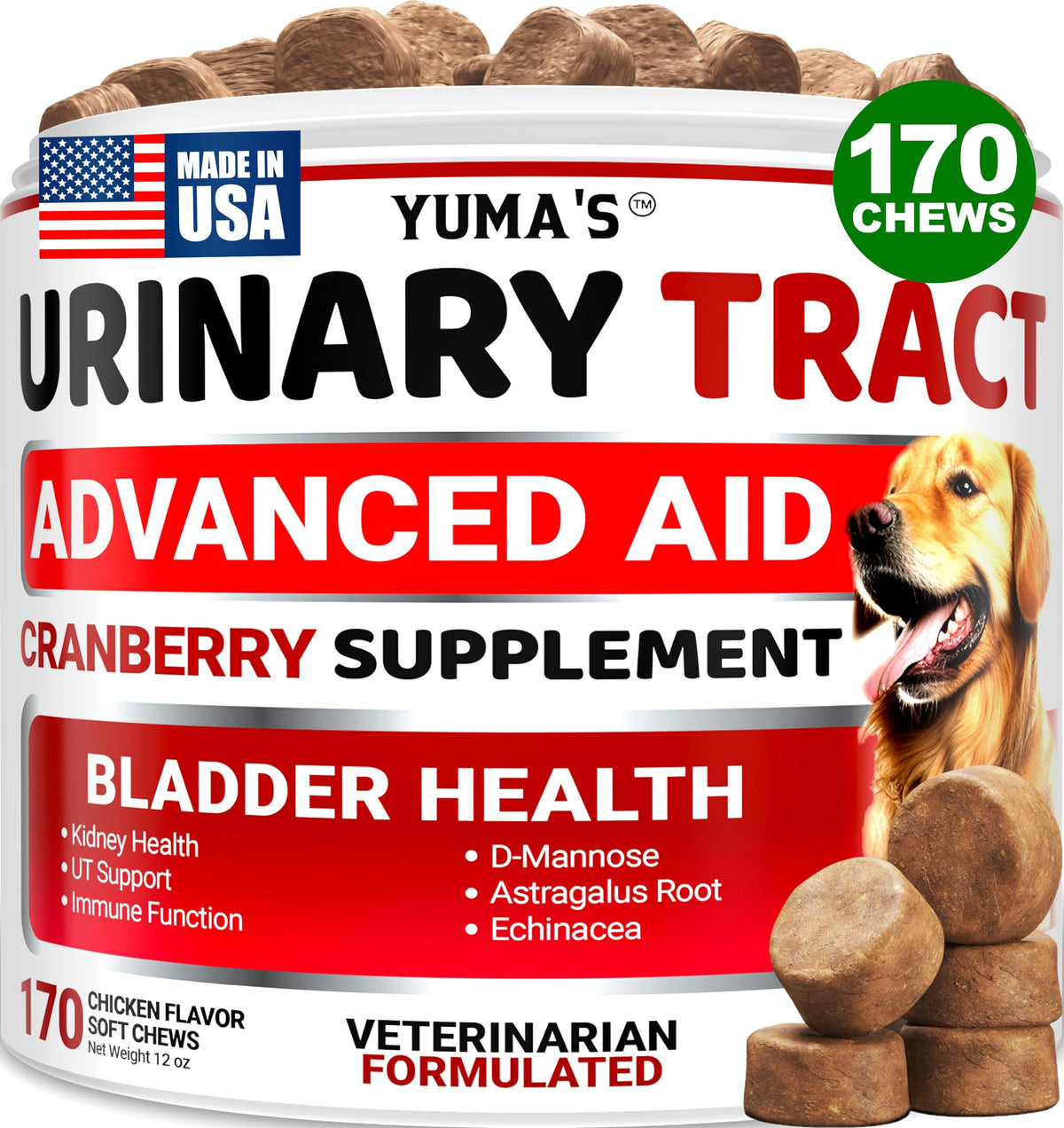 YUMA'S Dog UTI Chews bottle front with cranberry blend for urinary health.