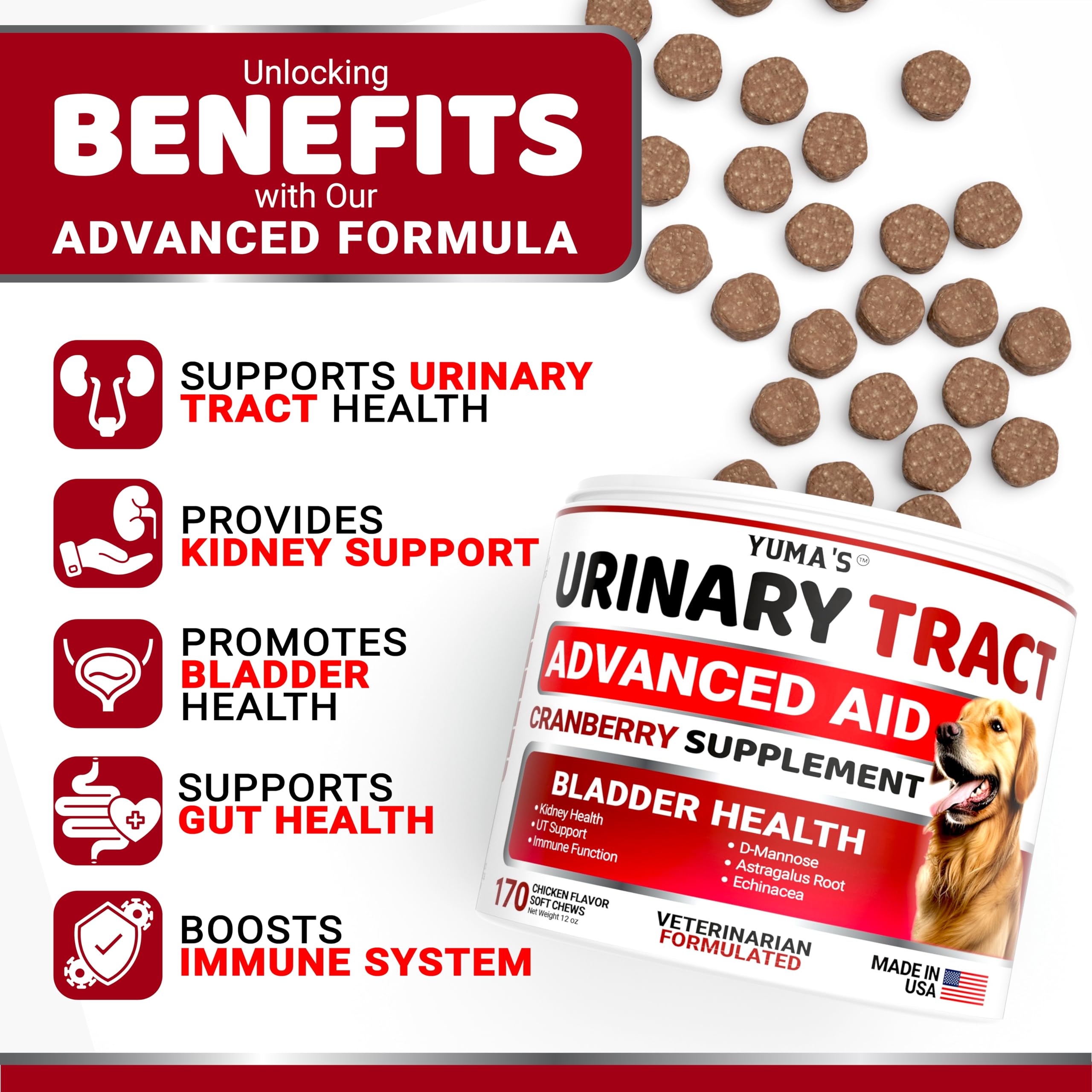 YUMA'S Dog UTI Chews cranberry bottle label showing vet-formulated blend.