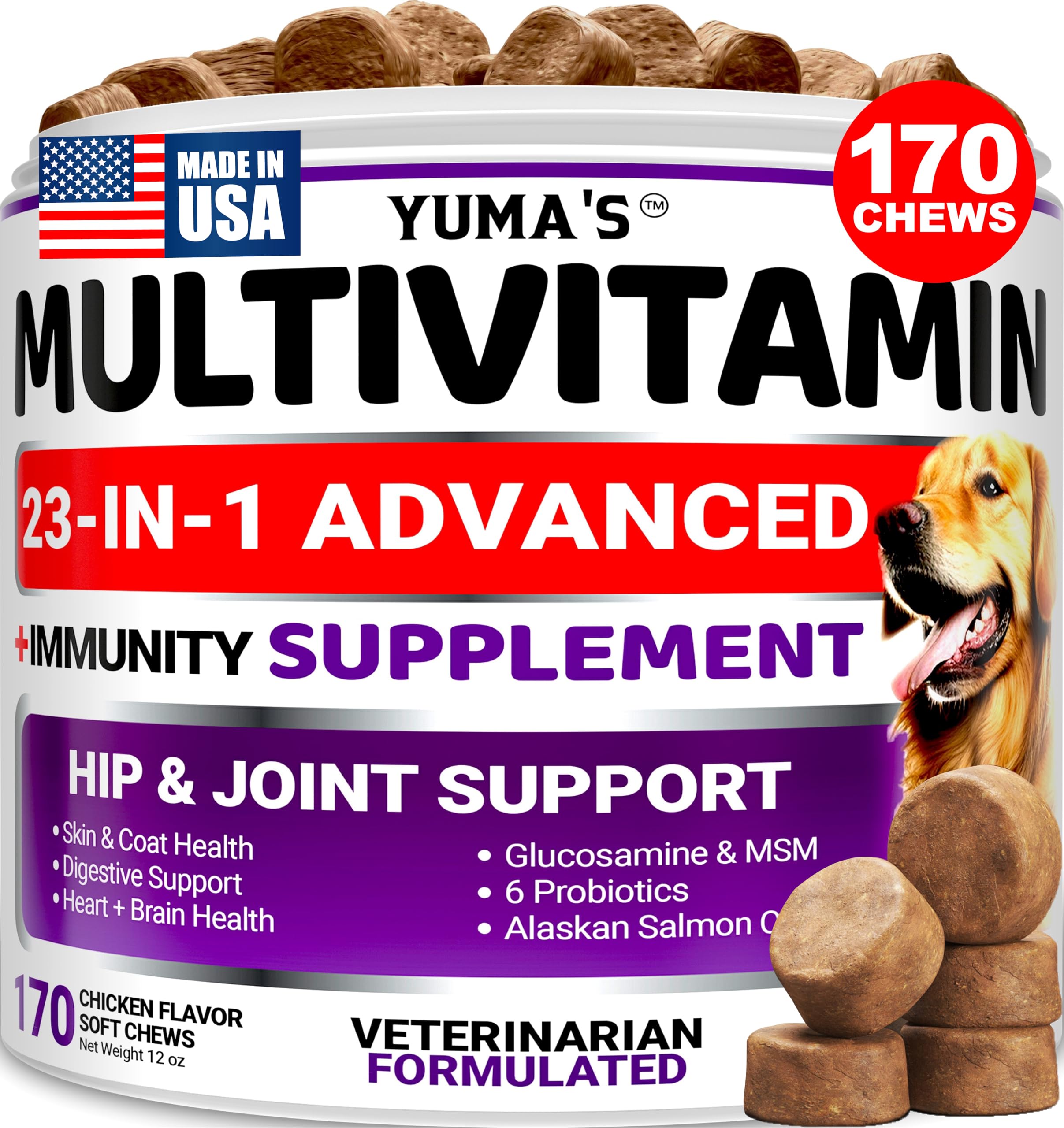 YUMA'S dog vitamins bottle with 170 treats for overall health