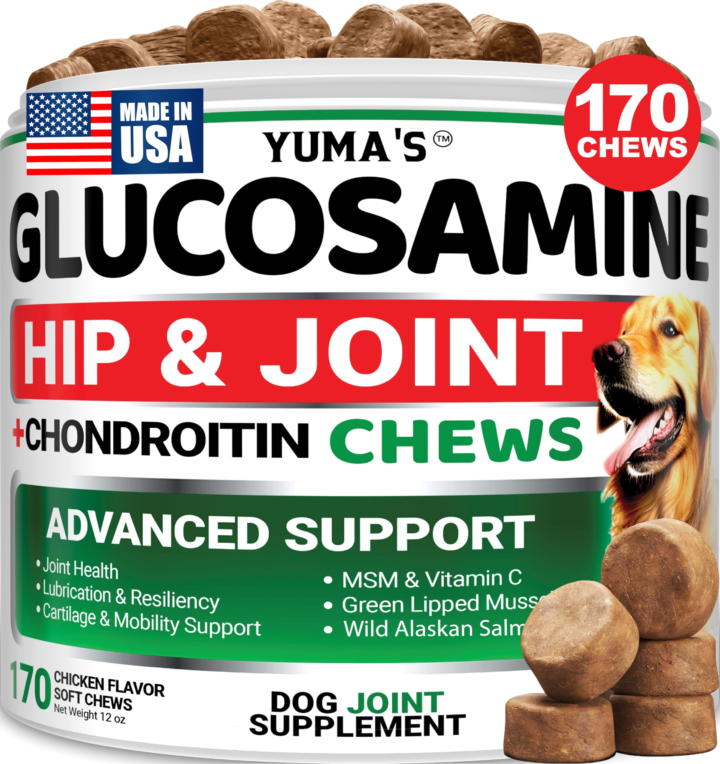 YUMA'S Glucosamine for Dogs bottle showcases joint support chews