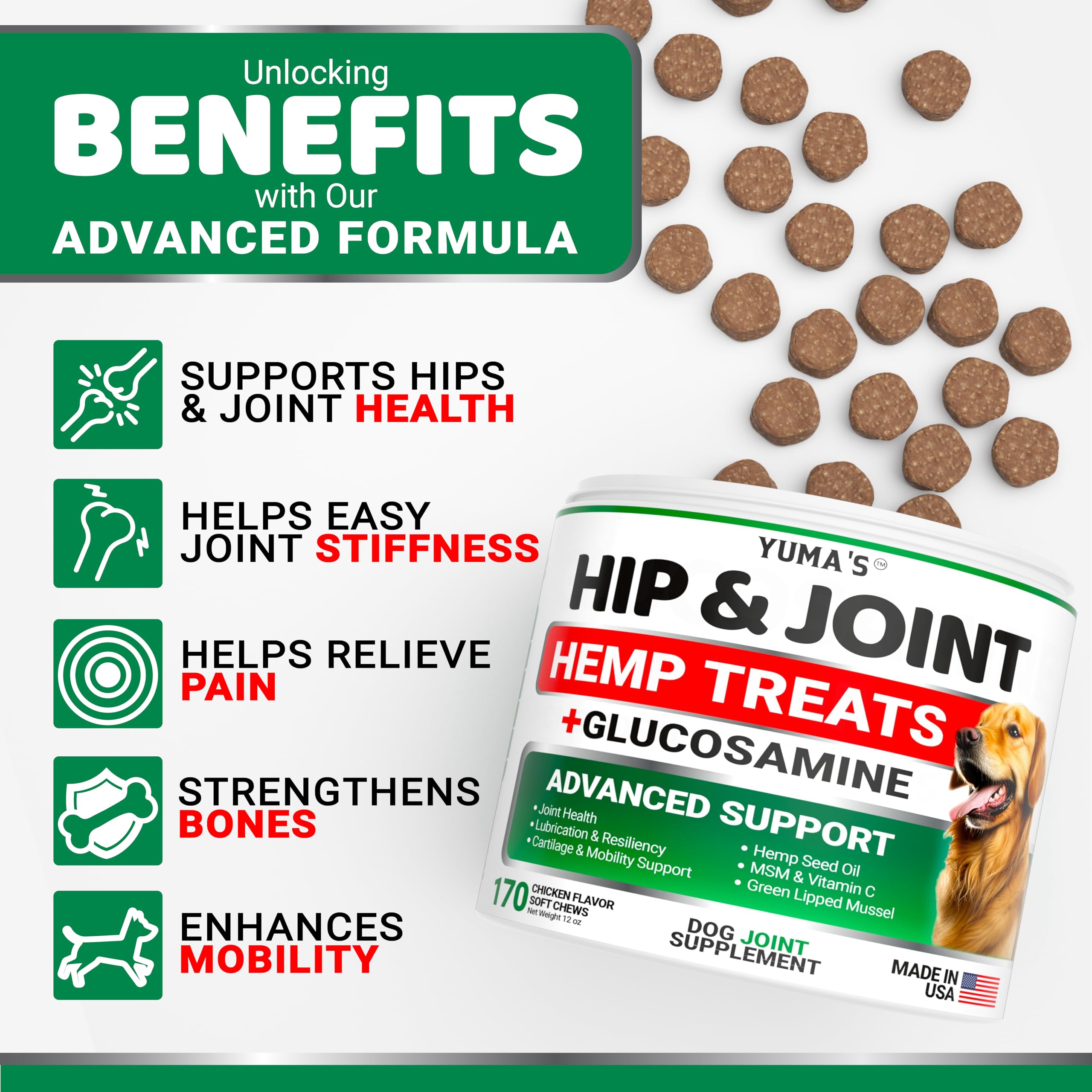 YUMA'S glucosamine dog joint supplement close-up hints at joint comfort.