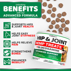 YUMA'S glucosamine dog joint supplement close-up hints at joint comfort.