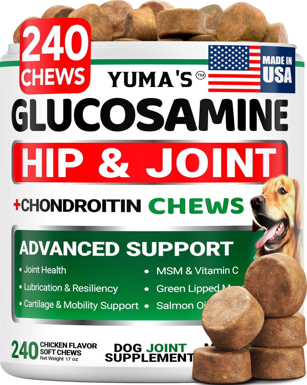 YUMA'S glucosamine for dogs packaging emphasizes joint support for daily activity.