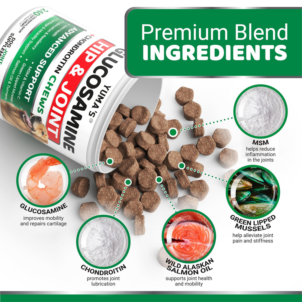 YUMA'S glucosamine for dogs large-breed formula aids sturdy hips.