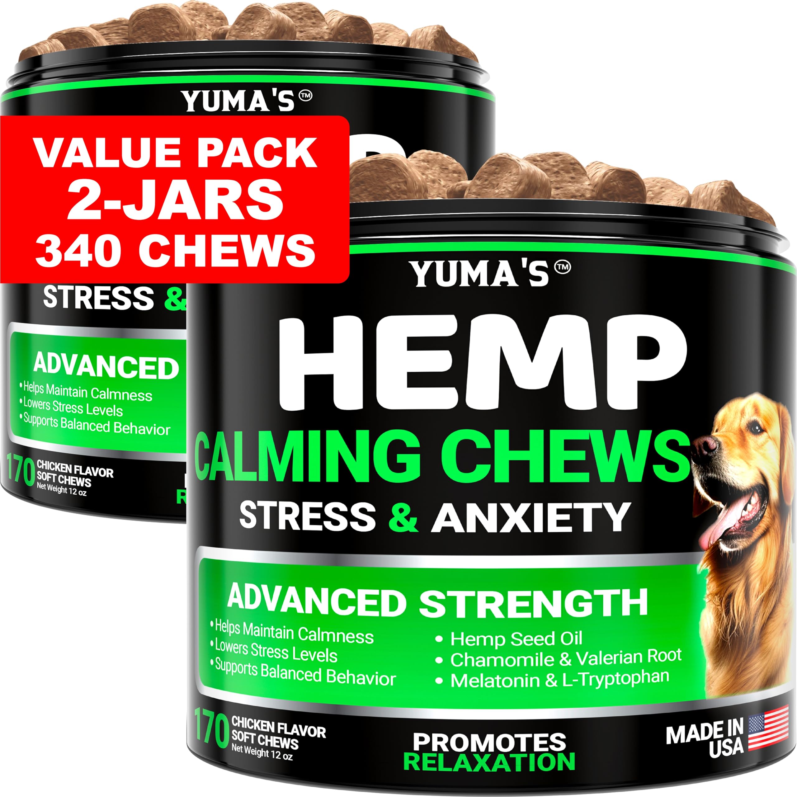 YUMA'S Hemp Calming Chews 2-pack packaging for anxious dogs.
