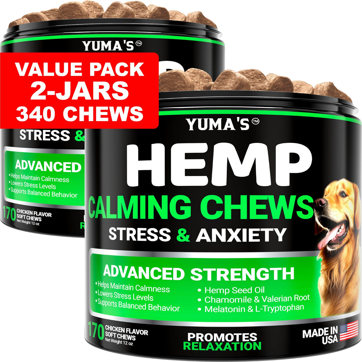 YUMA'S Hemp Calming Chews 2-pack packaging for anxious dogs.