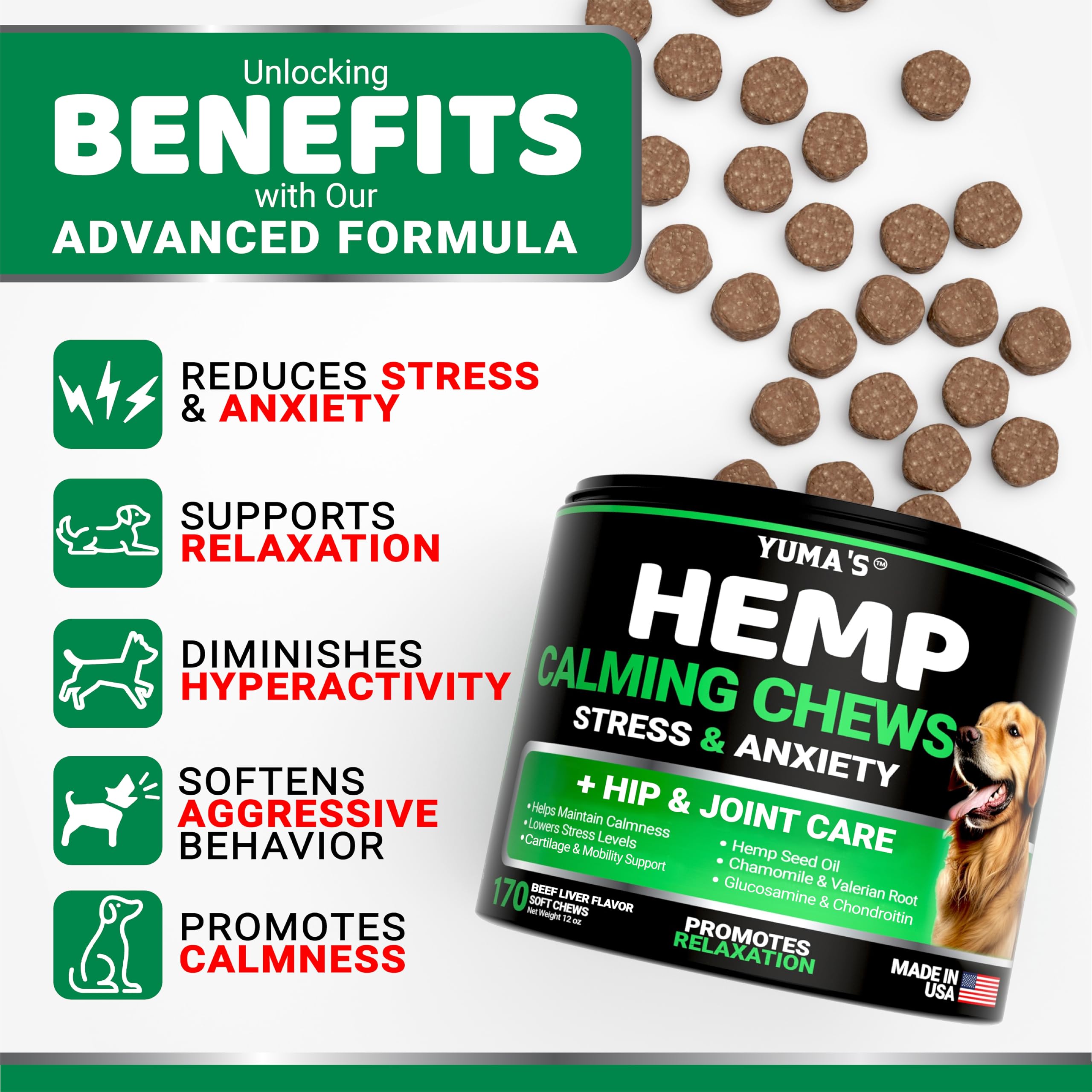 Close-up of beef-flavor chews for dogs offering natural calming support.