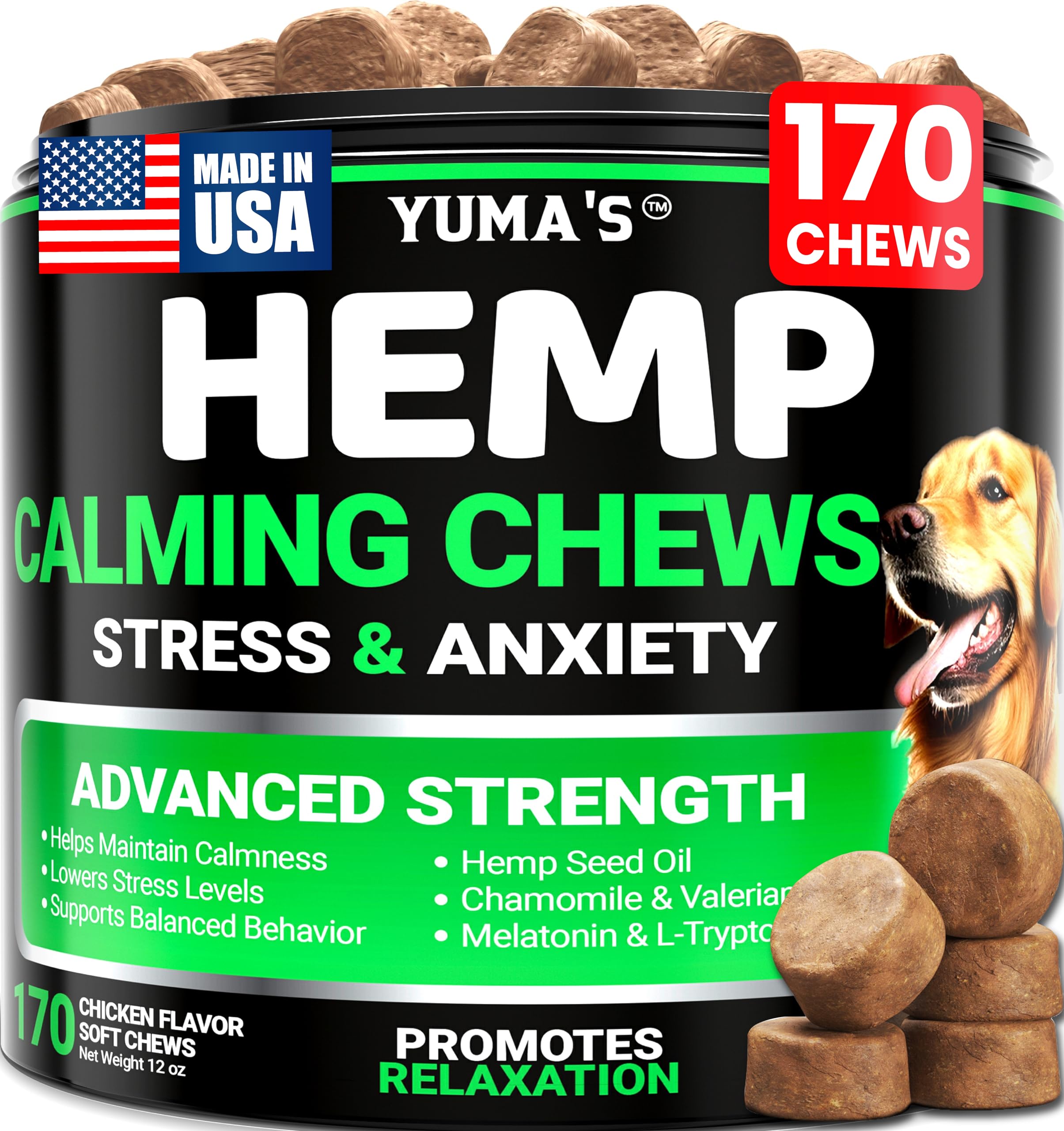 YUMA'S Hemp Calming Chews bottle offers calm support for anxious dogs during storms