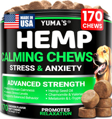 YUMA'S Hemp Calming Chews bottle offers calm support for anxious dogs during storms