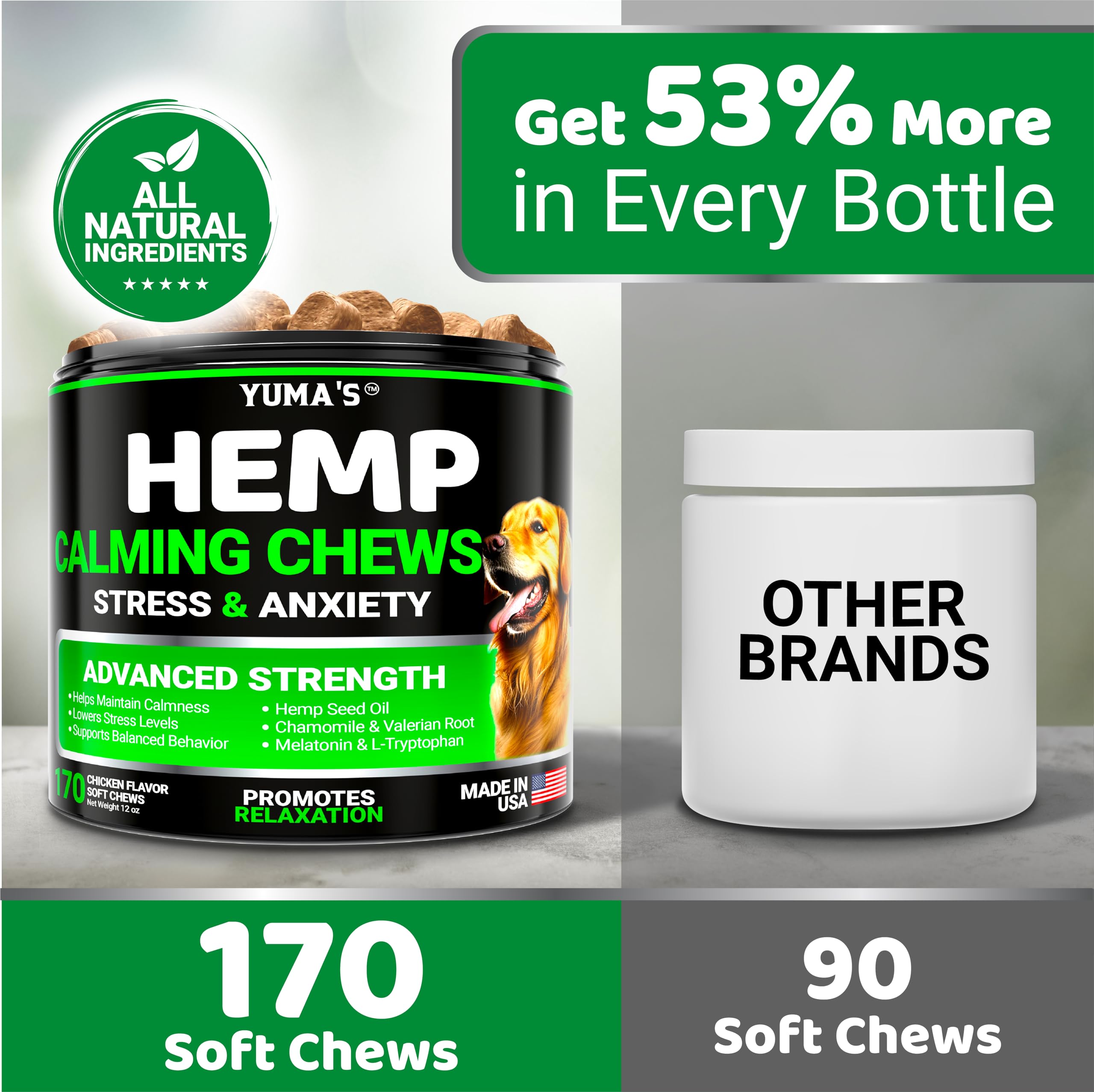 YUMA'S label shows valerian and chamomile for natural nervous-pet support