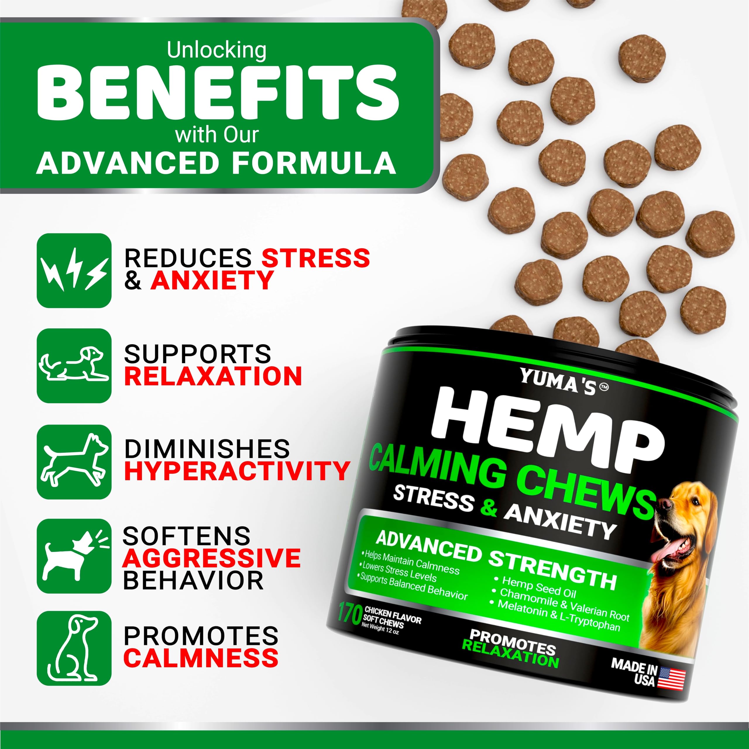 YUMA'S calming chews packaging box highlights vet-formulated, USA-made dog treats