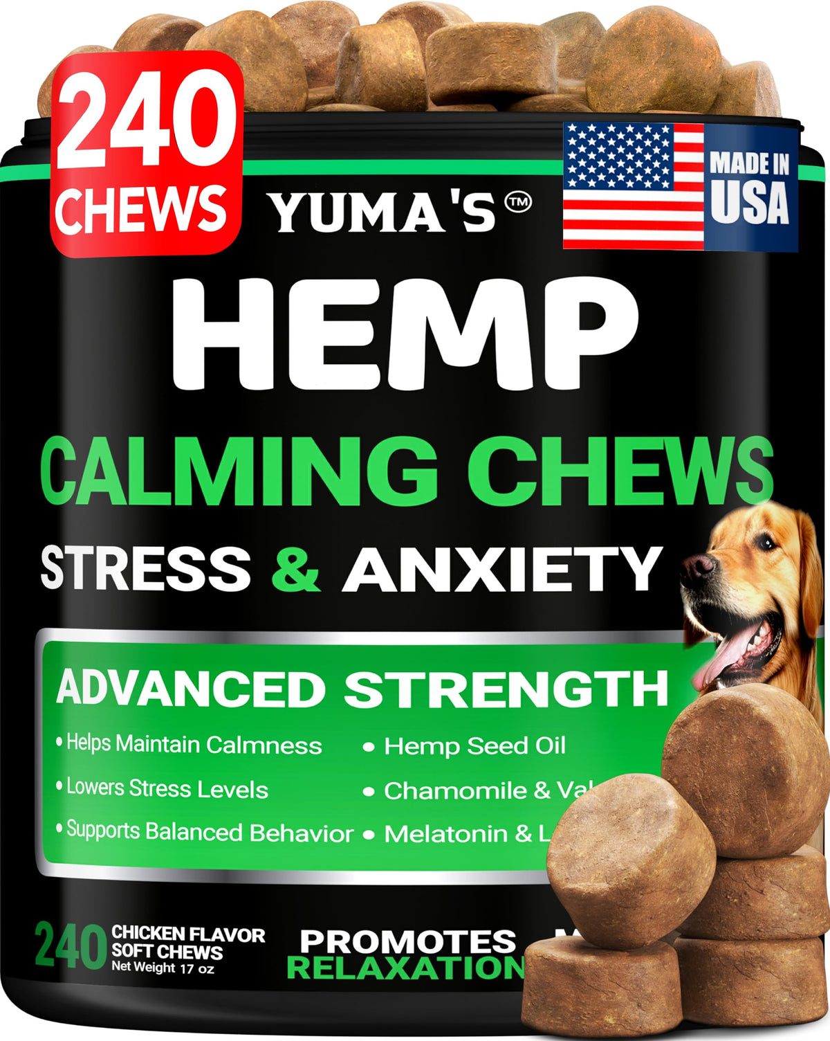 YUMA'S hemp calming chews jar close-up highlighting calming ingredients for dogs
