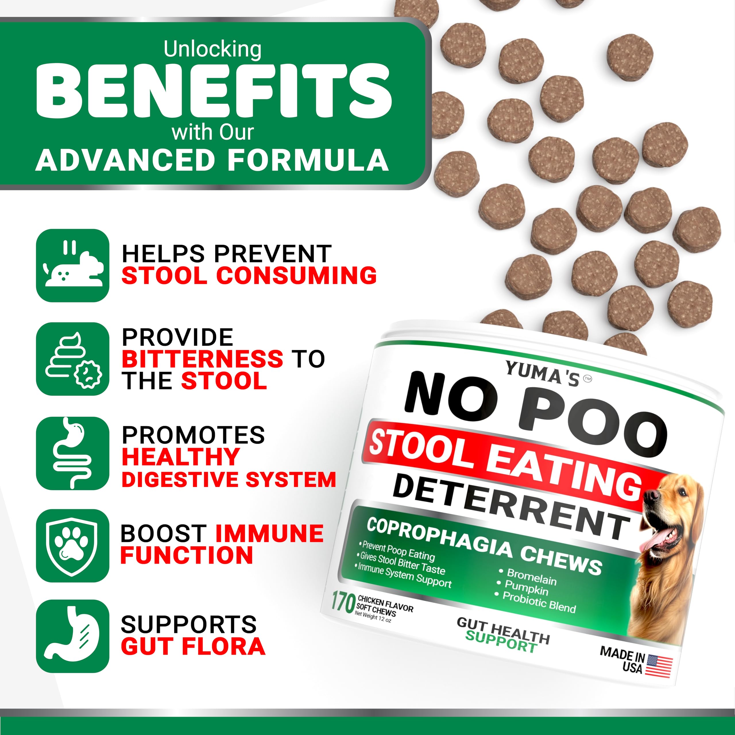 Close-up of No Poo Chews ingredients highlighting probiotics and enzymes for dogs