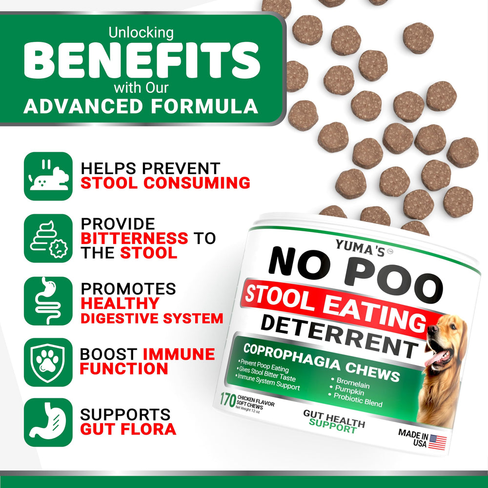 Close-up of No Poo Chews ingredients highlighting probiotics and enzymes for dogs
