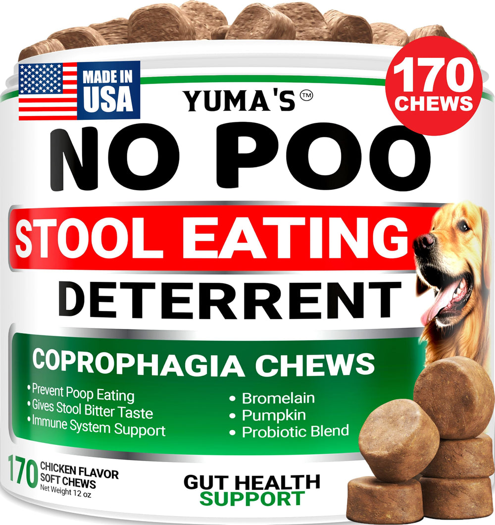 YUMA'S No Poo Chews packaging showing vet-formulated digestive support for dogs