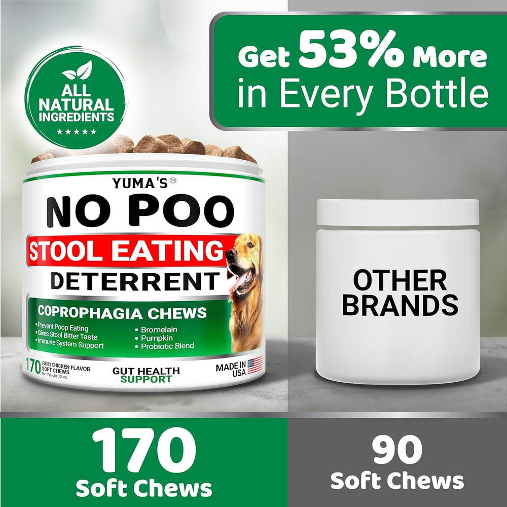 YUMA'S No Poo Chews ingredients label showcases probiotics and digestive enzymes.