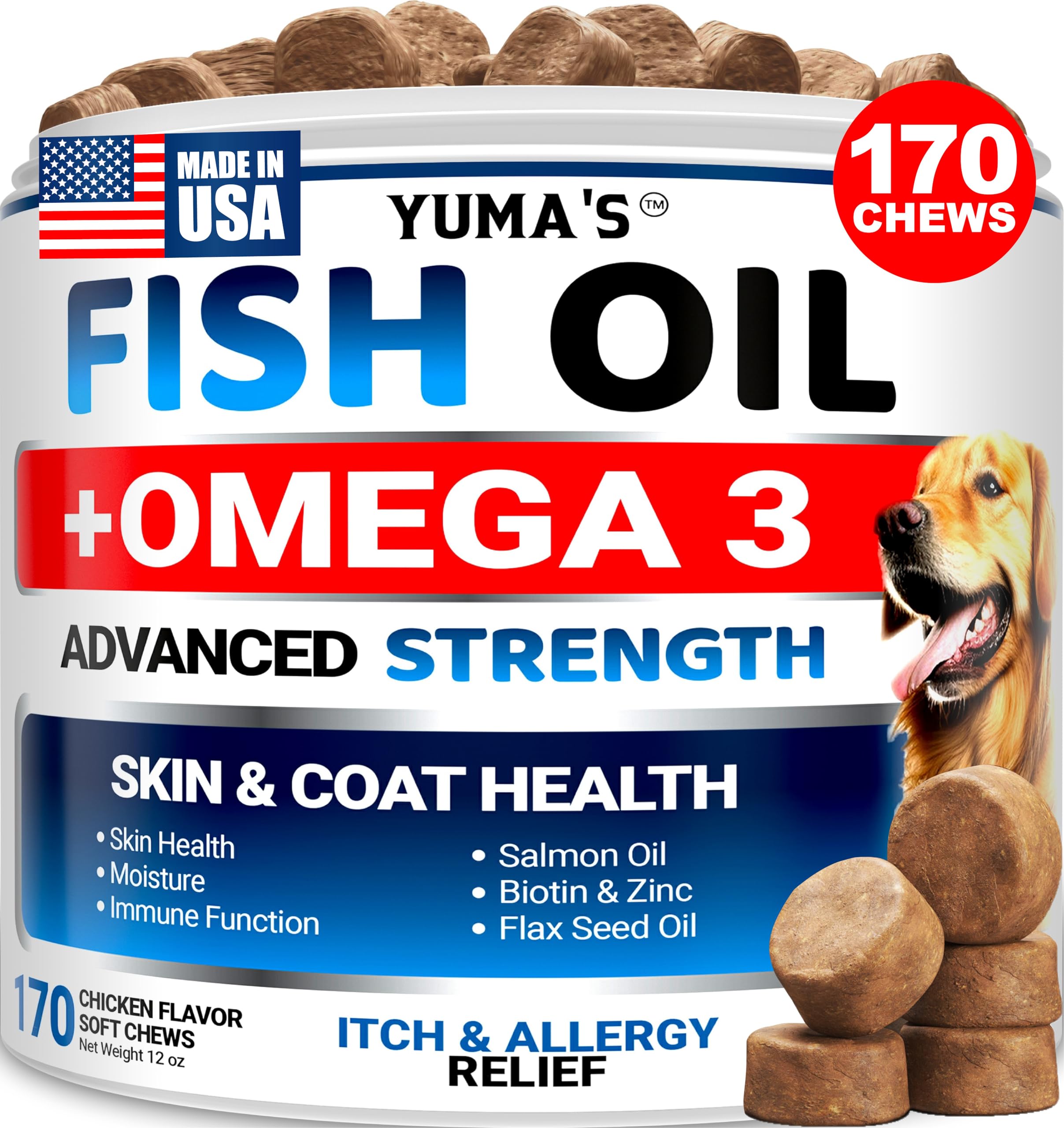 YUMA'S Omega-3 for dogs 170-chews pack front view supports skin and coat.