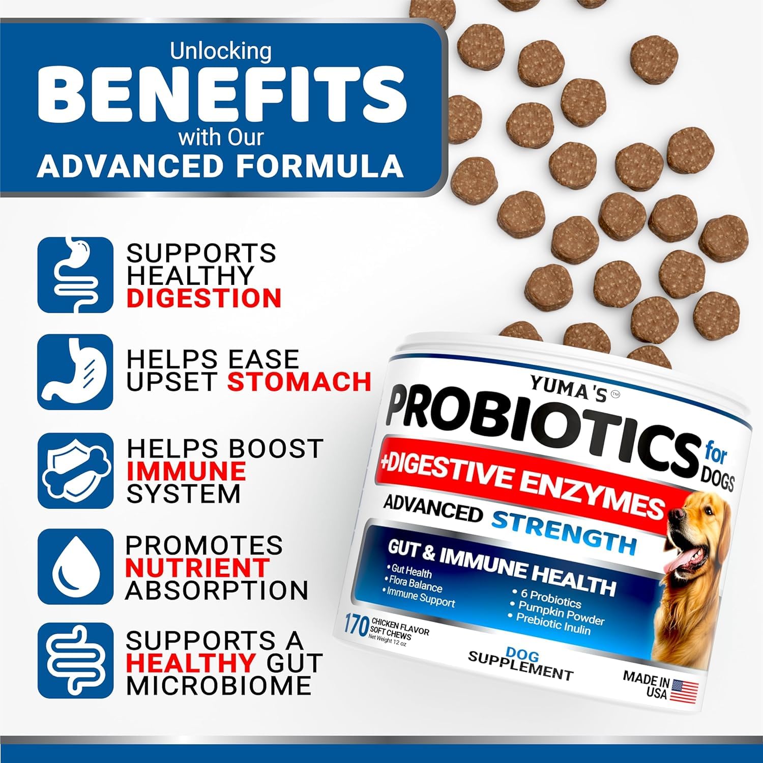 Close-up of YUMA'S probiotic-chews texture showing enzyme blend for gut balance.