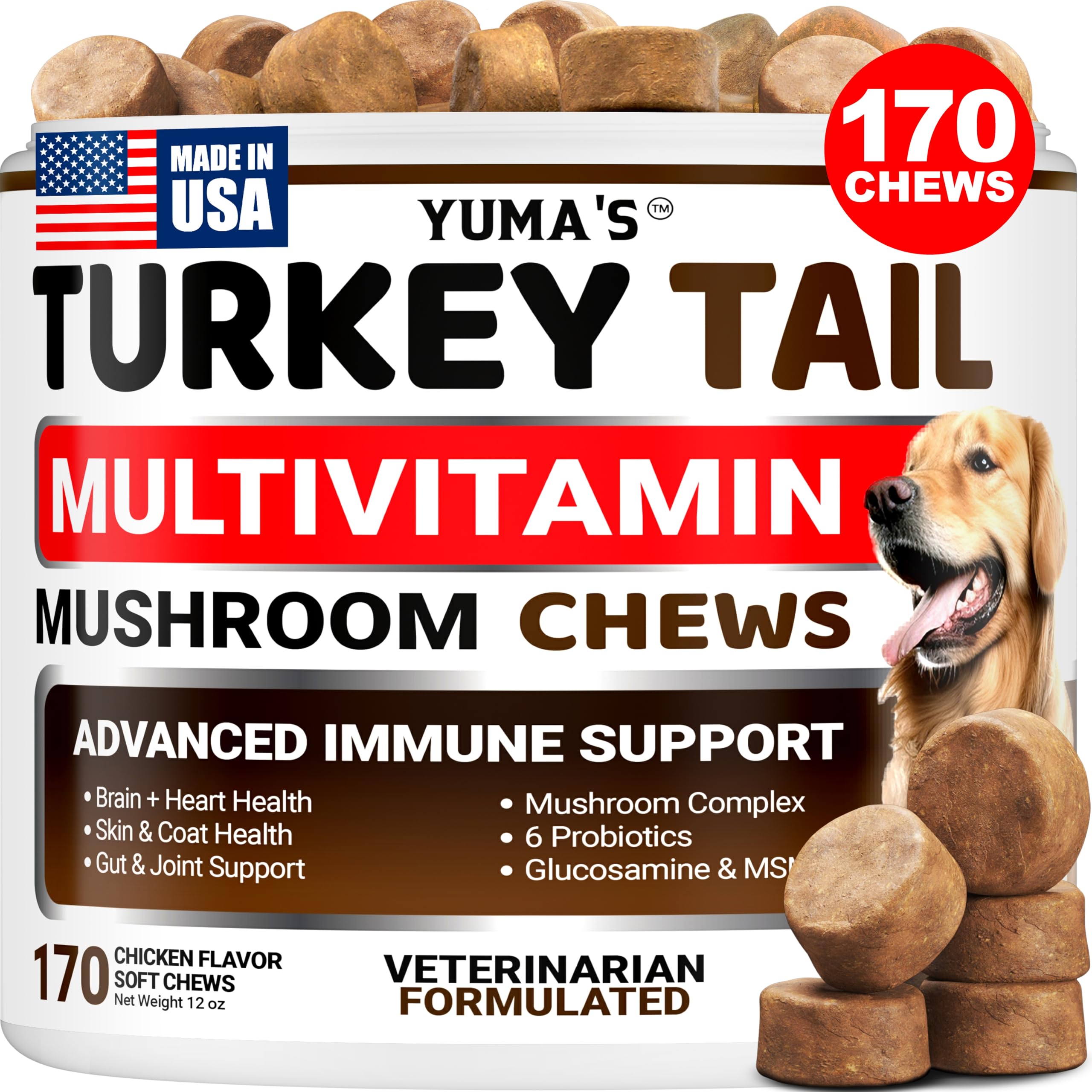 YUMA'S turkey-tail dog chews bottle for daily immune support