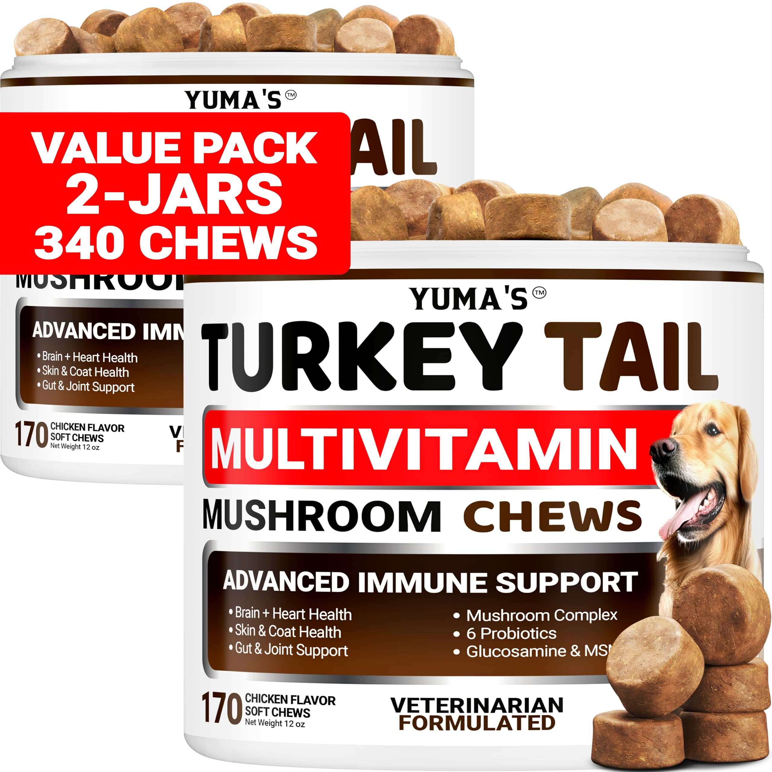 YUMA'S Turkey Tail dog chews front label highlighting immune support.