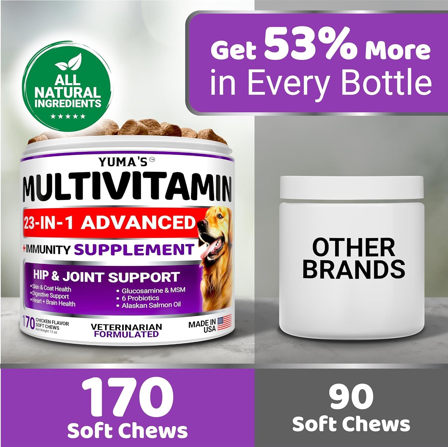 YUMA'S veterinarian-formulated, USA-made dog multivitamin in trusted packaging.