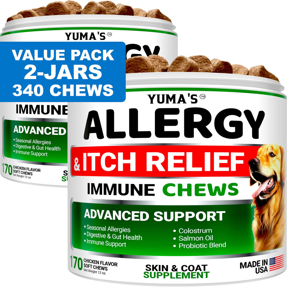 YUMA'S dog allergy chews bottle shown for convenient daily use and skin support